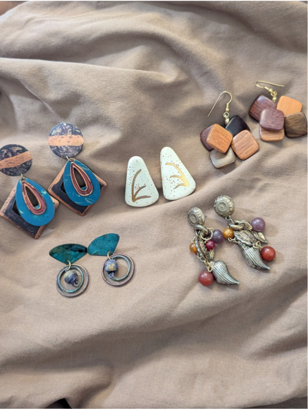 5 Pair Statement Earring Lot Boho Mixed Media Wood Shell Geometric Dangles